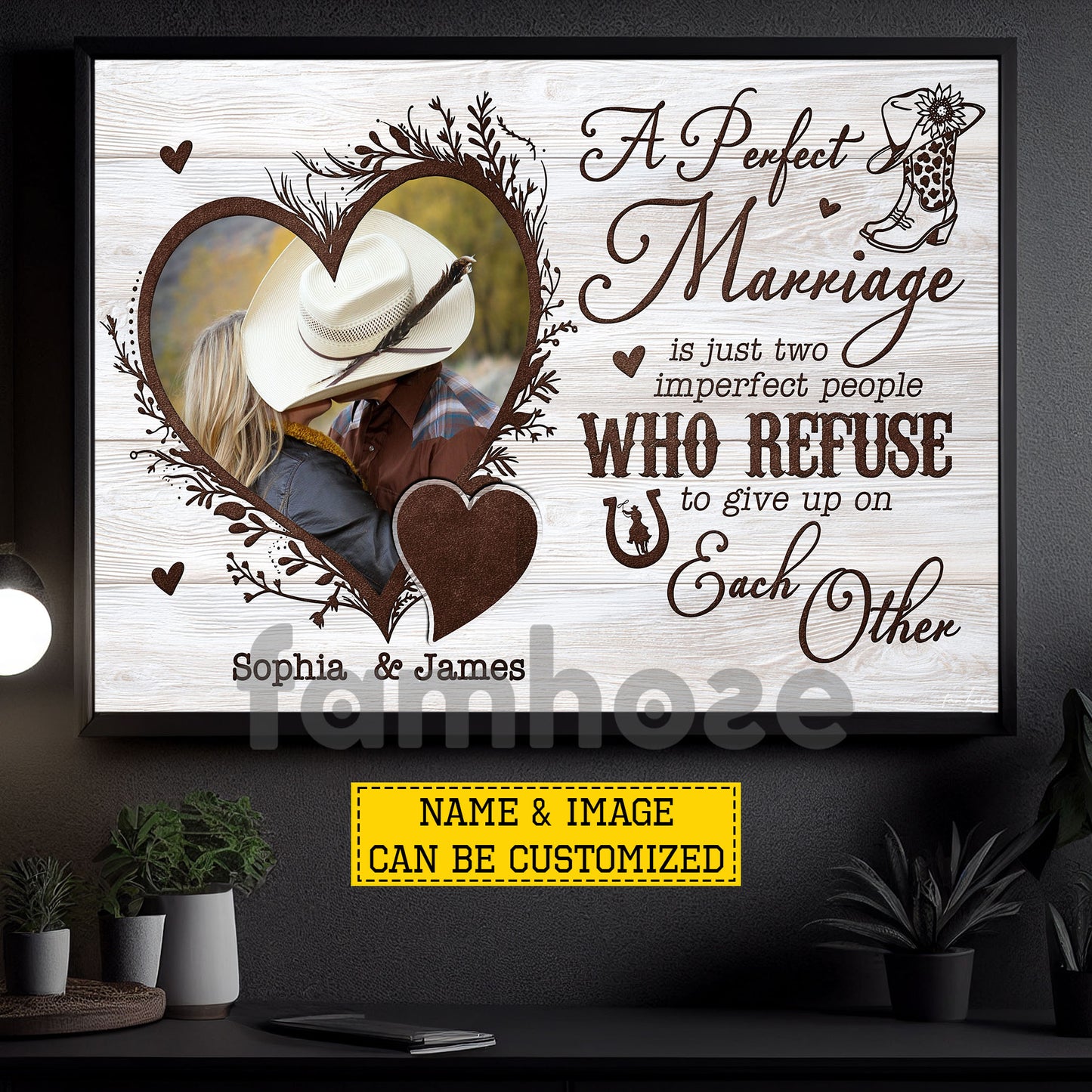 Personalized Cowboy Cowgirl Love Couple Canvas Painting, A Perfect Marriage Wall Art Decor, Poster Gift For Cowboy, Cowgirl