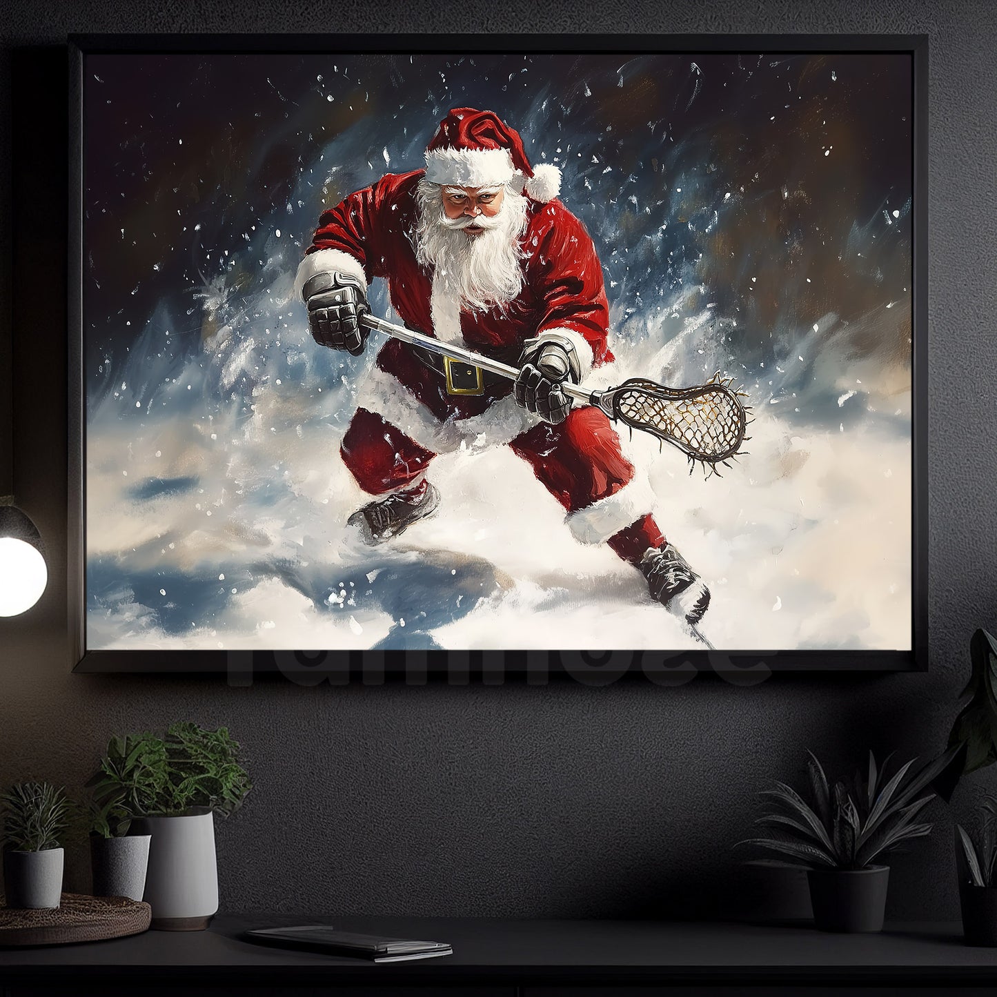 Christmas Santa's Lacrosse Canvas Painting, Santa Claus Playing Lacrosse Sports Wall Art Decor, Xmas Poster Gift For Lacrosse Lovers