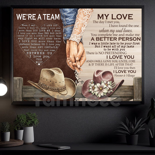 Cowboy Cowgirl Couple Canvas Painting, We're A Team Wall Art Decor, Valentine Poster Gift For Western Couple