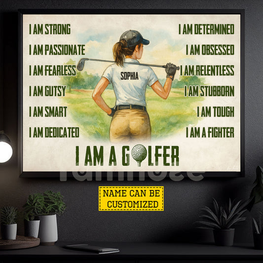 Motivational Personalized Golf Girl Canvas Painting, I Am A Golfer Sport Wall Art Decor, Poster Gift For Golf Lover