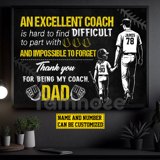 Motivational Personalized Softball Dad Daughter Canvas Painting, An Excellent Coach Sport Wall Art Decor, Poster Father's Day Gift For Softball Lovers