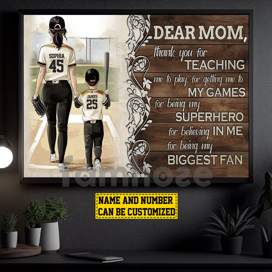 Vintage Personalized Baseball Mom & Son Canvas Painting, Dear Mom Thank You For Teaching Me Wall Art Decor, Poster Mother's Day Gift For Mom From Baseball Boy