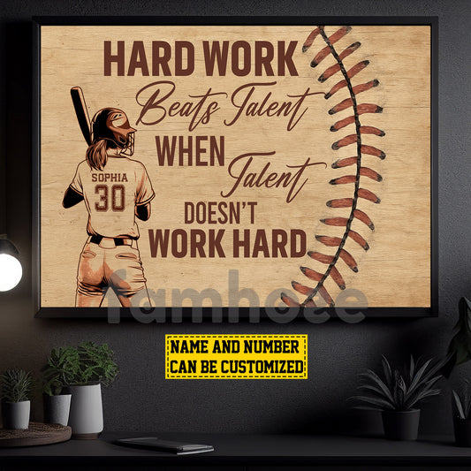 Motivational Personalized Softball Woman Canvas Painting, Hard Work Beats Talent Wall Art Decor, Poster Gift For Softball Lovers