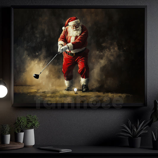 Christmas Golf Canvas Painting, Santa Plays Golf Wall Art Decor, Poster Gift For Golf Lovers