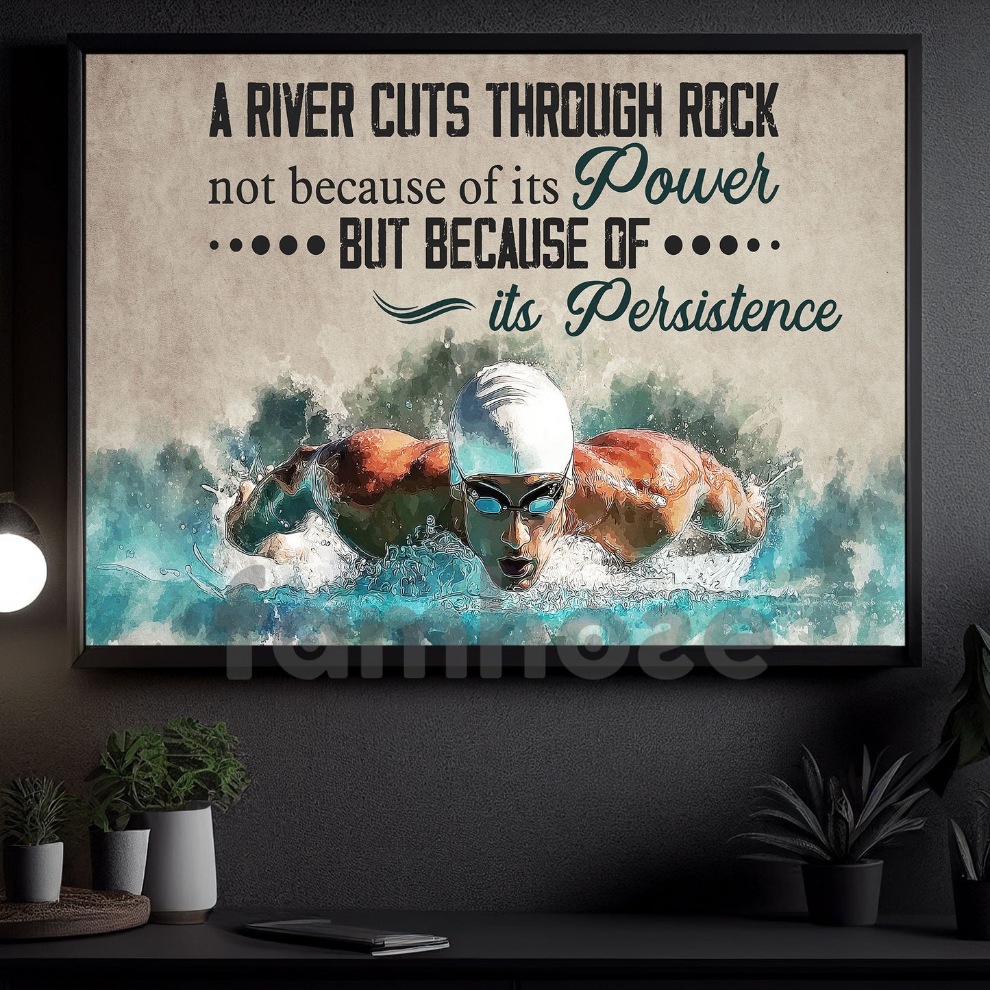 Motivational Swimming Man Canvas Painting, A RIver Cuts Through Rock Sport Wall Art Decor, Poster Gift For Swimming Lovers