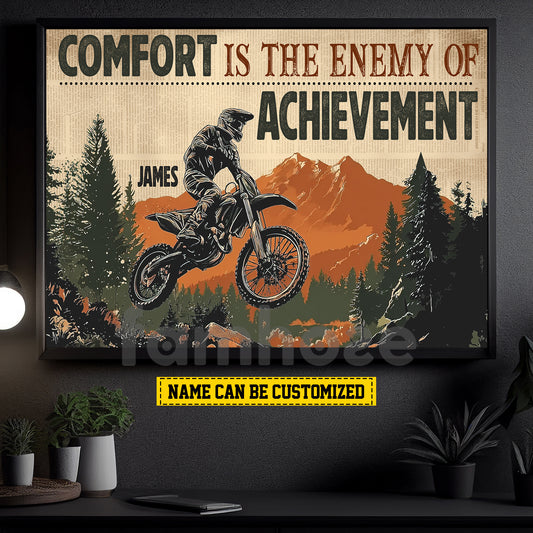 Motivational Personalized Motocross Canvas Painting, Comfort Is The Enemy Of Achievement Sport Wall Art Decor, Poster Gift For Motocross Lovers