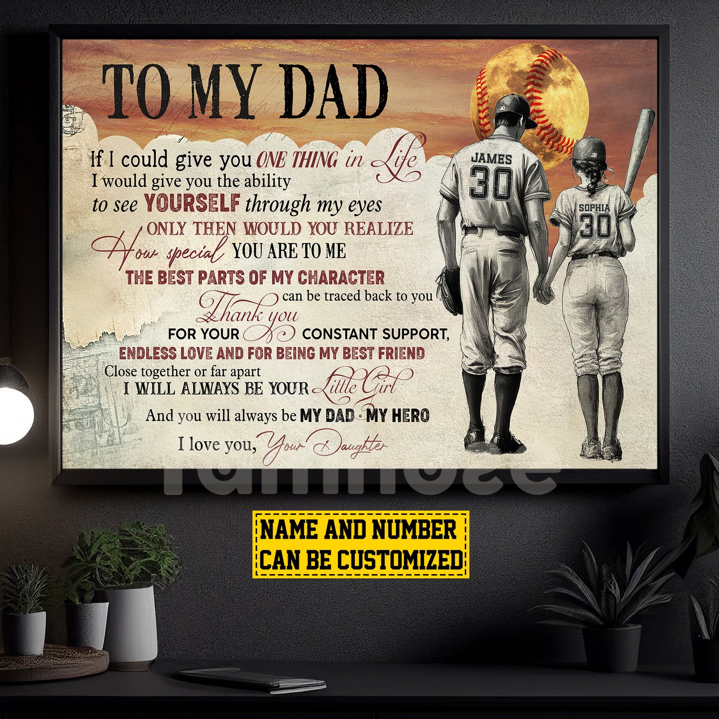 Motivational Personalized Softball Dad Daughter Canvas Painting, To My Dad If I Could Give You One Thing Sport Wall Art Decor, Poster Father's Day Gift For Softball Lovers