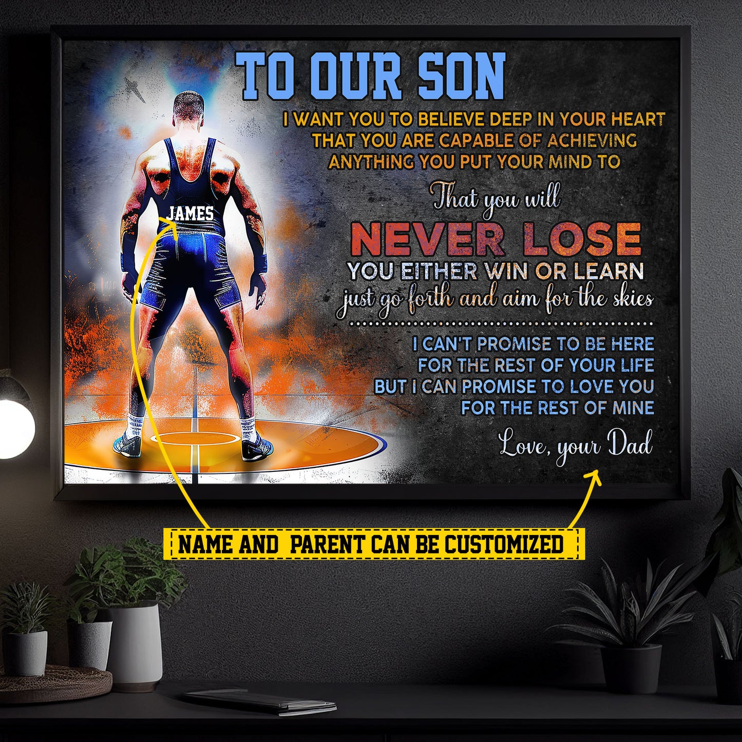 To Our Son Believe Deep In Your Heart, Personalized Motivational Wrestling Boy Canvas Painting, Sports Quotes Wall Art Decor, Poster Gift For Wrestling Lovers, Gift For Son From Dad,Mom