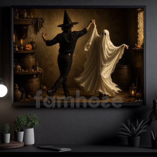 Halloween Witch & Ghost Canvas Painting, Witch And Ghost Are Dancing Spooky Season Wall Art Decor, Halloween Poster Gift