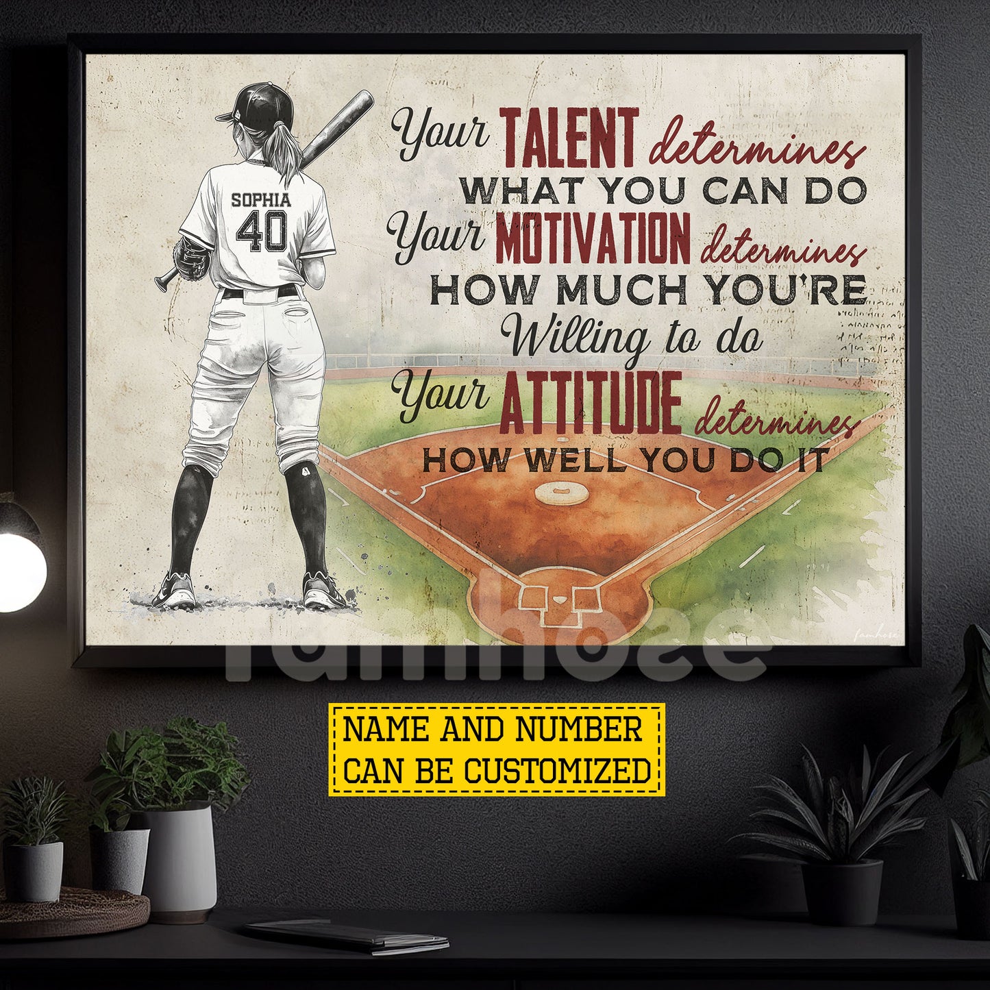 Motivational Personalized Softball Girl Canvas Painting, Your Talent Determines What You Can Do Sport Wall Art Decor, Poster Gift For Softball Lover