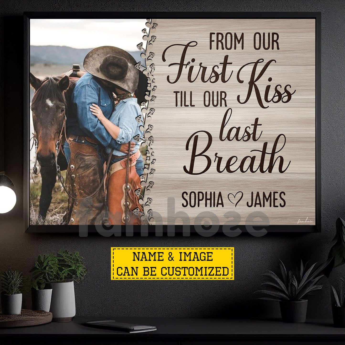 Personalized Cowboy Cowgirl Couple Canvas Painting, From Our First Kiss Wall Art Decor, Valentine Poster Gift For Western Couple
