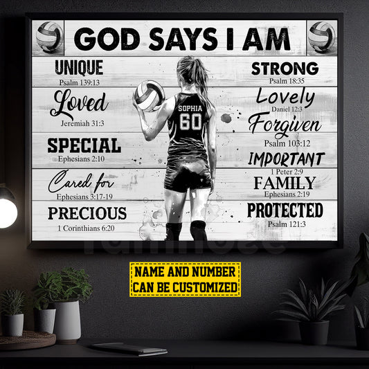 Personalized Volleyball Girl Canvas Painting, God Says I Am, Sports Quotes Wall Art Decor, Poster Gift For Volleyball Lovers