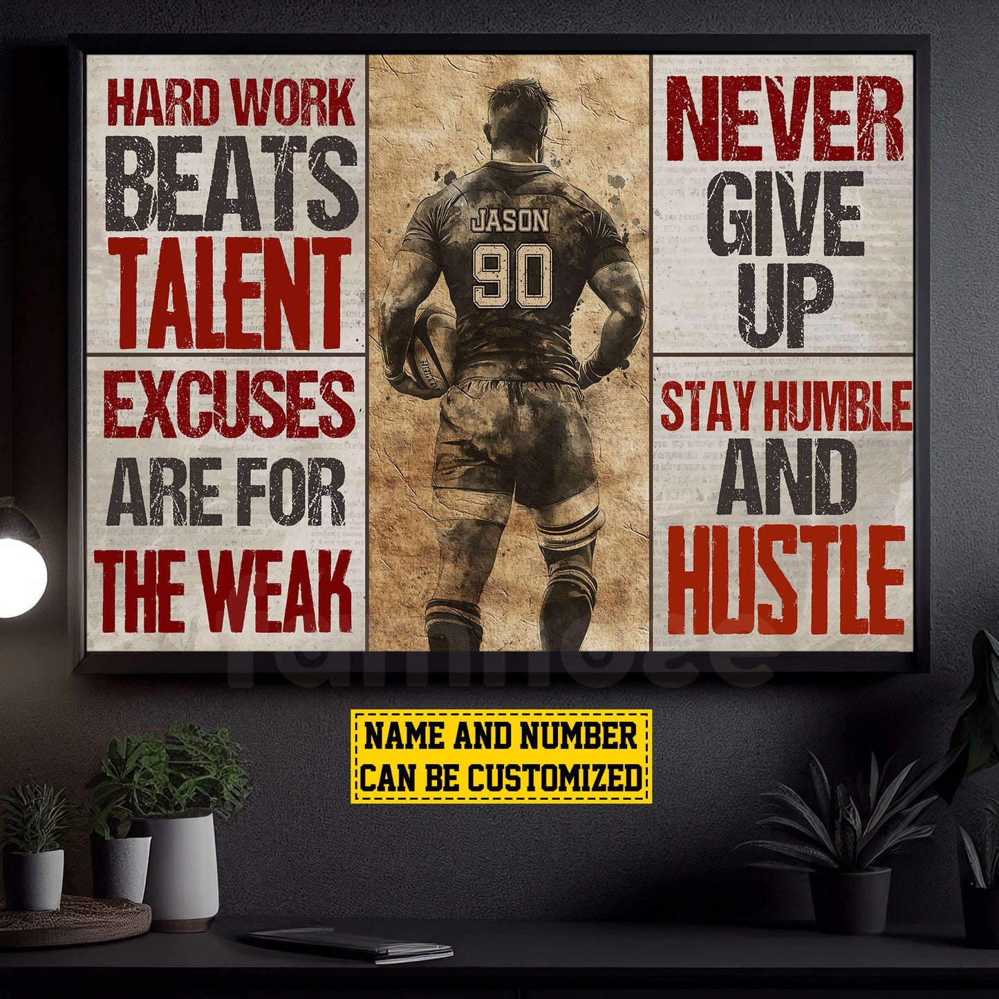 Personalized Motivational Rugby Boy Canvas Painting, Hard Work Never Give Up, Sports Quotes Wall Art Decor, Poster Gift For Rugby Lovers