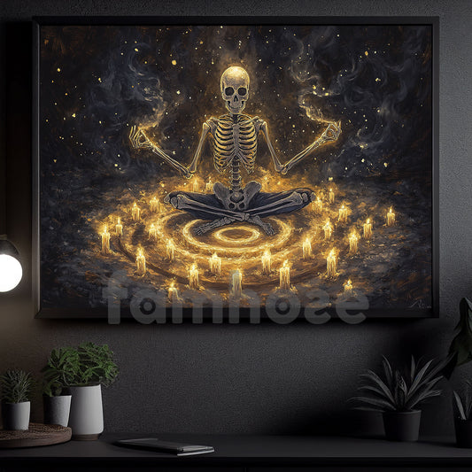 Halloween Skeleton Meditation Canvas Painting, Necromancer’s Meditation Wall Art Decor, Spooky Season Poster Gift For Meditator, Skeleton Lovers