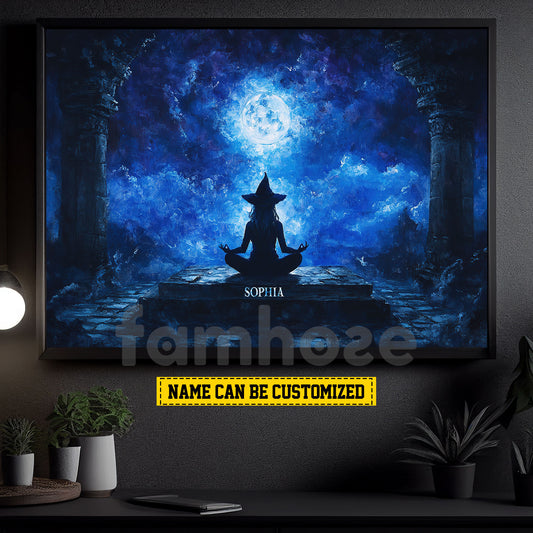 Vintage Personalized Halloween Meditation Witch Canvas Painting, Lunar Enchantress Wall Art Decor, Spooky Season Poster Gift For Meditator, Witch Lovers