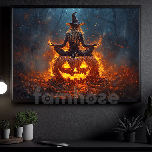 Halloween Meditation Witch Canvas Painting, A Witch Sits Cross Wall Art Decor, Spooky Season Poster Gift For Meditator, Witch Lovers