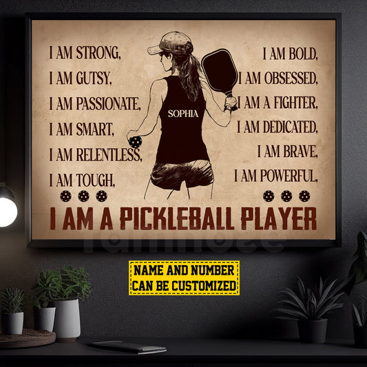 Personalized Motivational Pickleball Girl Canvas Painting, I Am A Pickleball Player, Sports Quotes Wall Art Decor, Poster Gift For Pickleball Lovers