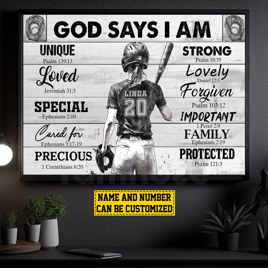 Personalized Motivational Softball Girl Canvas Painting, God Says I Am, Sports Quotes Wall Art Decor, Poster Gift For Softball Lovers