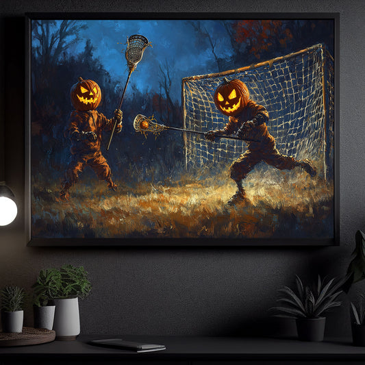 Pumpkin Head Shot, Lacrosse Canvas Painting, Spooky Season Wall Art Decor, Halloween Poster Gift For Lacrosse Lovers