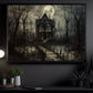 Moonlit Manor, Dark House Canvas Painting, Spooky Season Wall Art Decor, Halloween Poster Gift For House Lovers