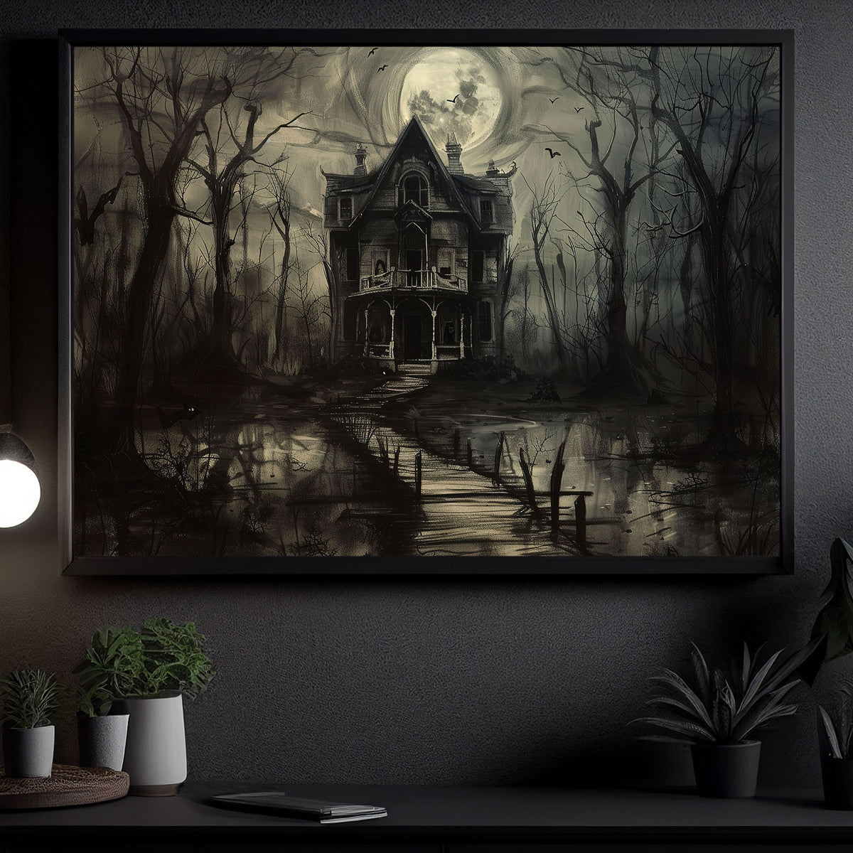 Moonlit Manor, Dark House Canvas Painting, Spooky Season Wall Art Decor, Halloween Poster Gift For House Lovers