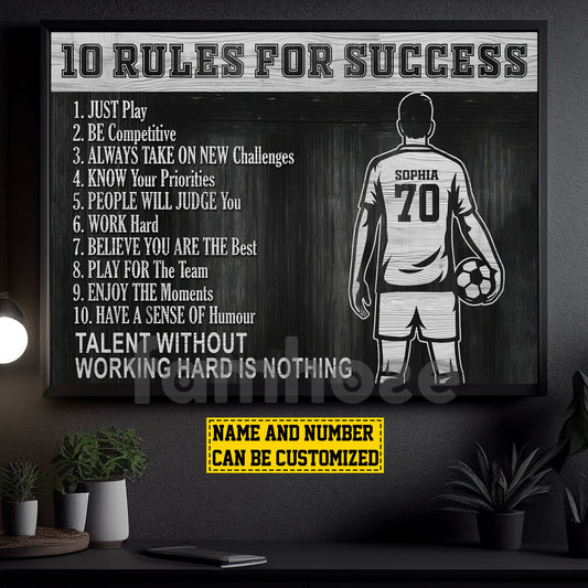 Motivational Personalized Soccer Man Canvas Painting, 10 Rules For Success Wall Art Decor, Poster Gift For Soccer Lovers