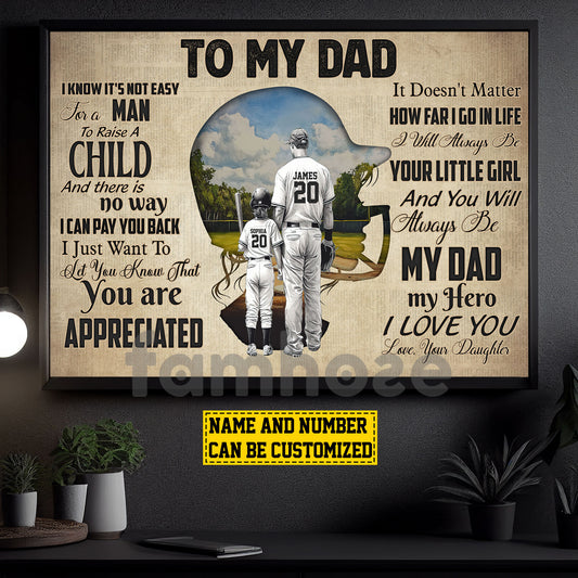 Motivational Personalized Softball Dad Daughter Canvas Painting, To My Dad It's Not Easy For The Man To Raise A Child Sport Wall Art Decor, Poster Father's Day Gift For Softball Lovers