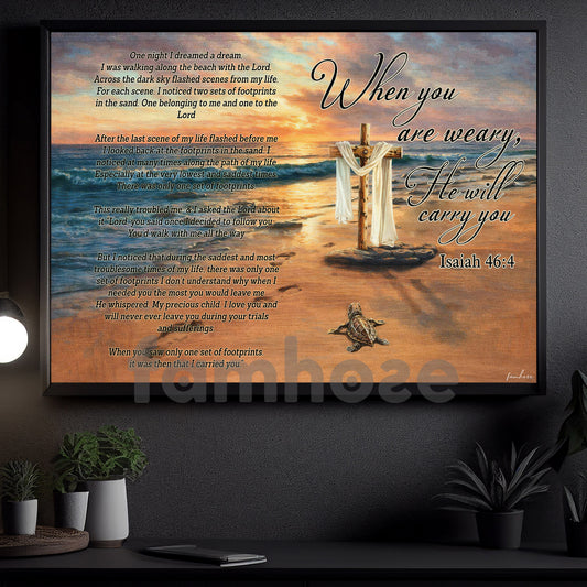 Jesus Quote Canvas Painting, When You Are Weary He Will Carry You Wall Art Decor, God Poster Gift For Christian