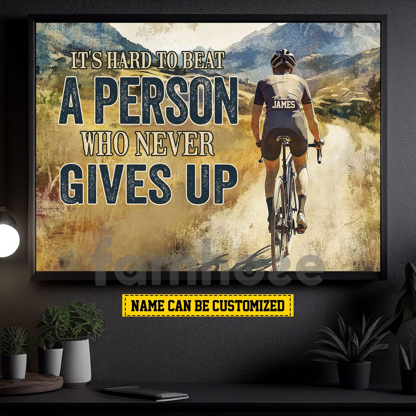 Motivational Personalized Cycling Man Canvas Painting, It's Hard To Beat A Person Who Never Gives Up Sport Wall Art Decor, Poster Gift For Cycling Lovers
