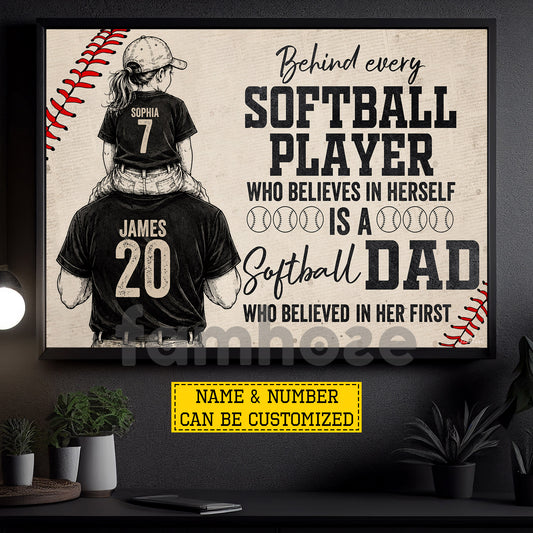 Personalized Softball Dad Daughter Canvas Painting, Behind Every Softball Player Sport Wall Art Decor, Poster Father's Day Gift For Softball Lovers