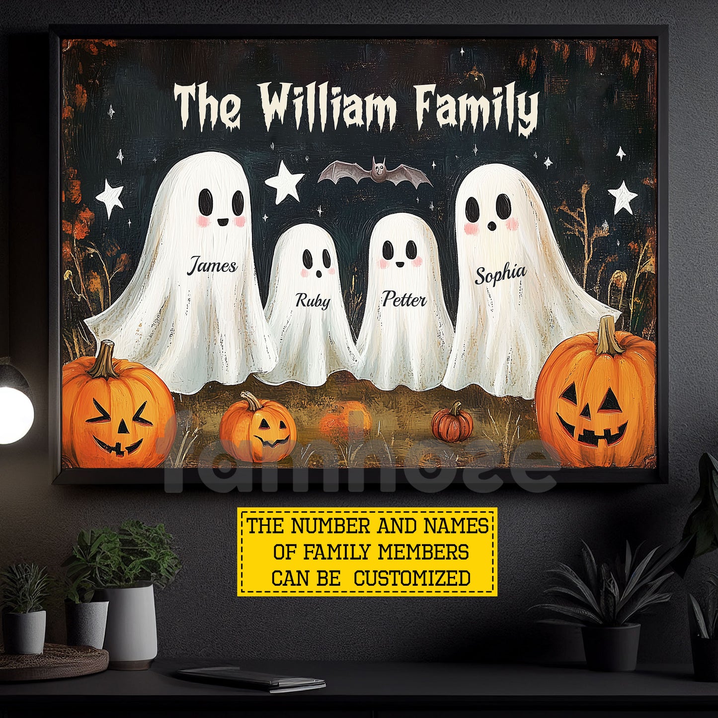 Personalized Halloween Family Ghost Canvas Painting, Ghost Family Wall Art Decor, Spooky Season Poster Gift For Ghost Lovers