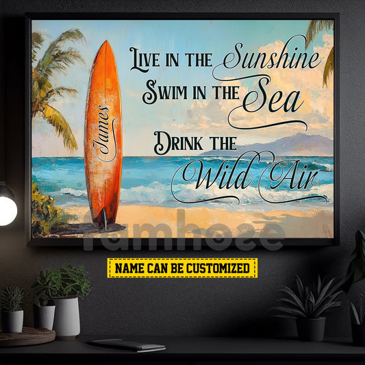 Funny Personalized Surfing Canvas Painting, Live In The Sunshine Wall Art Decor, Poster Gift For Surfing Lovers