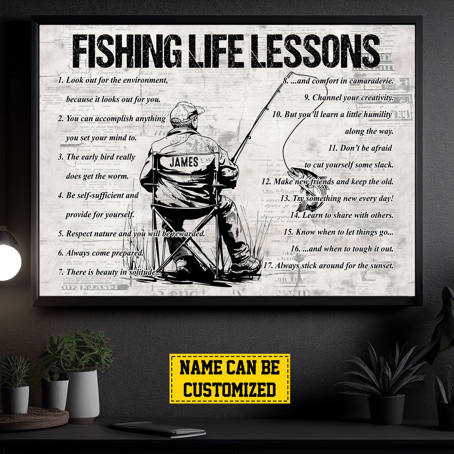 Fishing Life Lessons, Personalized Motivational Old Man Fishing Canvas Painting, Fishing Quotes Wall Art Decor, Poster Gift For Fishing Lovers, Fishing Man