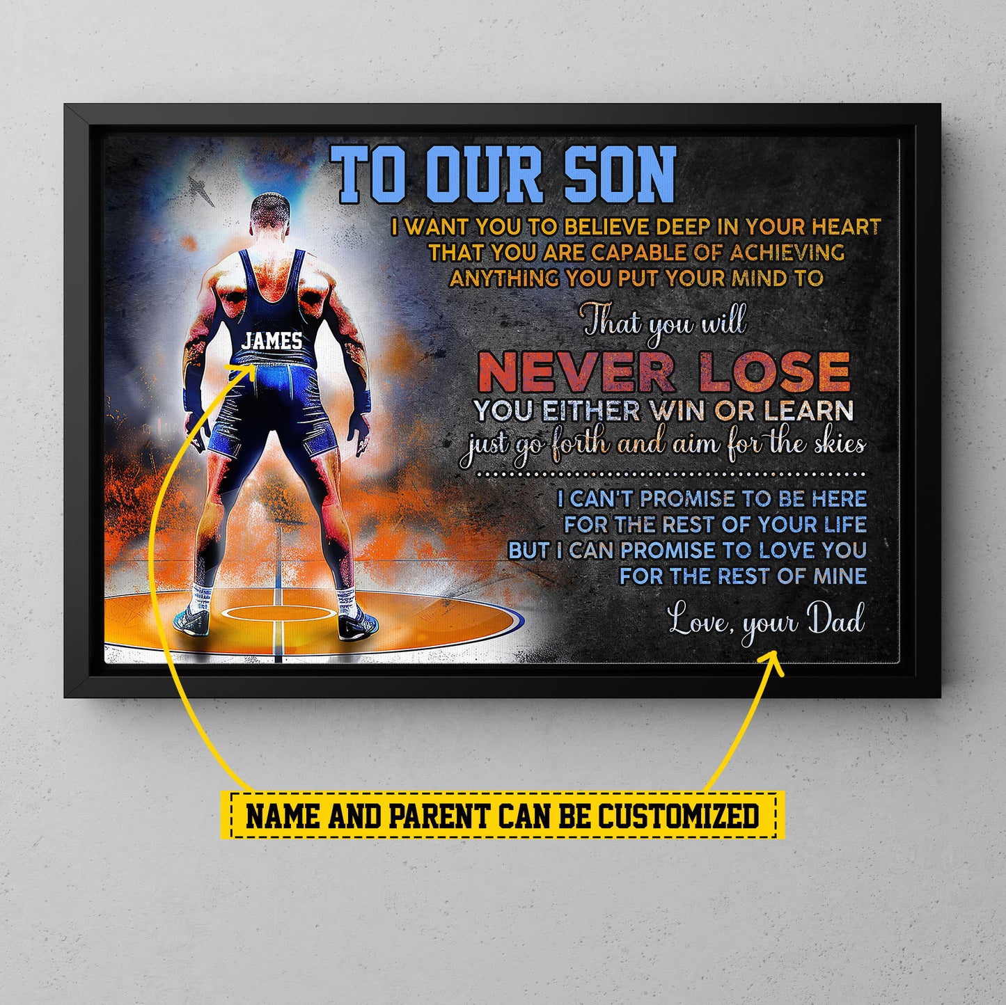 To Our Son Believe Deep In Your Heart, Personalized Motivational Wrestling Boy Canvas Painting, Sports Quotes Wall Art Decor, Poster Gift For Wrestling Lovers, Gift For Son From Dad,Mom