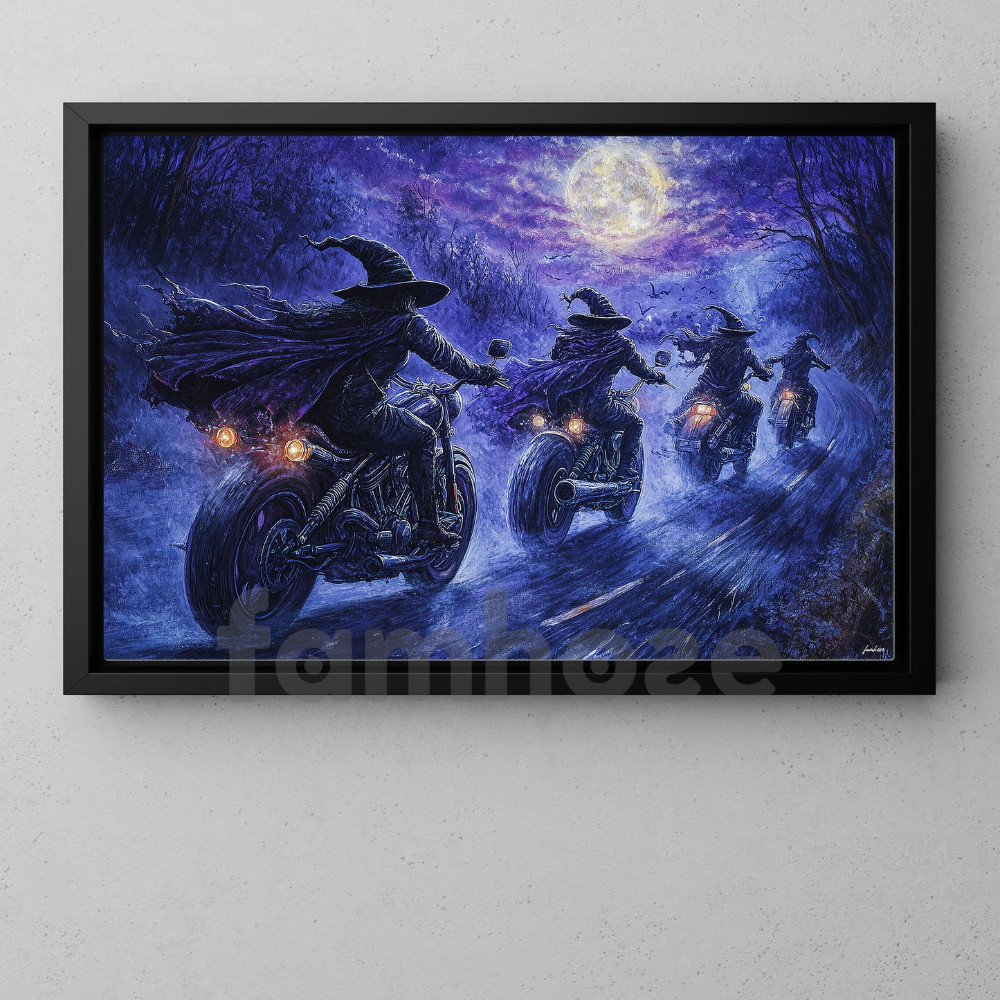 Halloween Motorcycle Witch Canvas Painting, Midnight Highway Coven Wall Art Decor, Spooky Season Poster Gift For Biker
