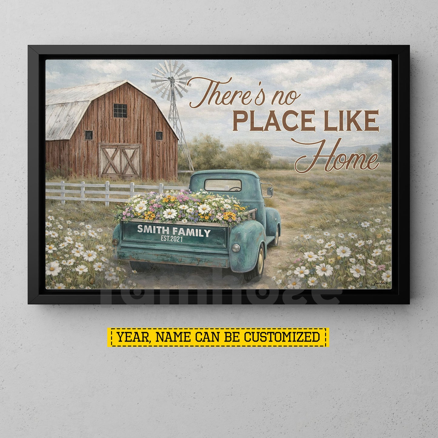 Rustic Farm Truck & Barn Canvas Painting, There's No Place Like Home Wildflowers Wall Art Decor, Poster Gift For Farming Lover