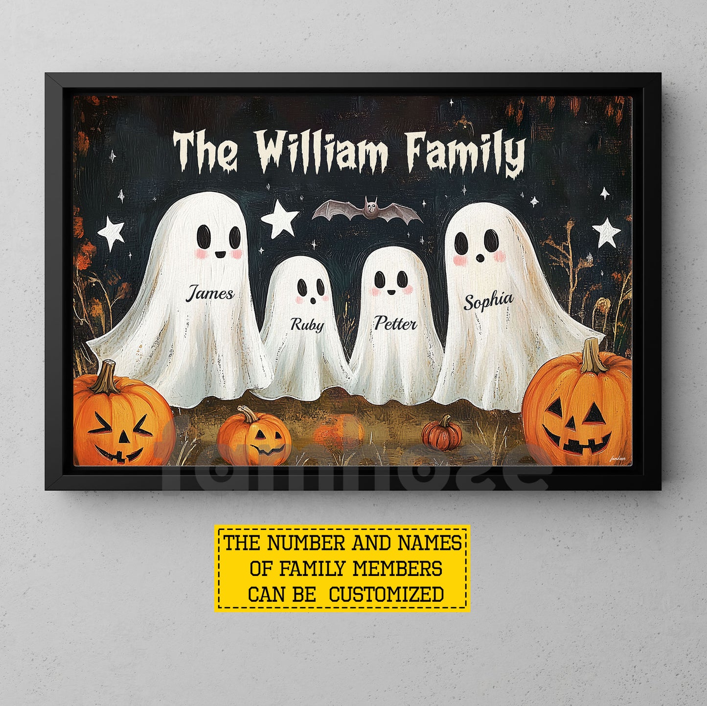 Personalized Halloween Family Ghost Canvas Painting, Ghost Family Wall Art Decor, Spooky Season Poster Gift For Ghost Lovers