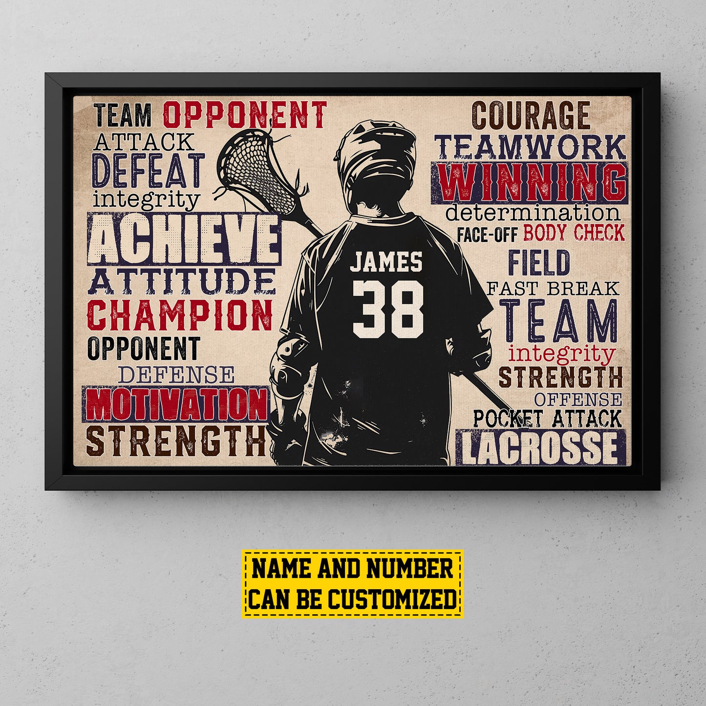 Personalized Motivational Lacrosse Canvas Painting, Champion Motivation Strength, Sports Quotes Wall Art Decor, Poster Gift For Lacrosse Lovers, Lacrosse Boys