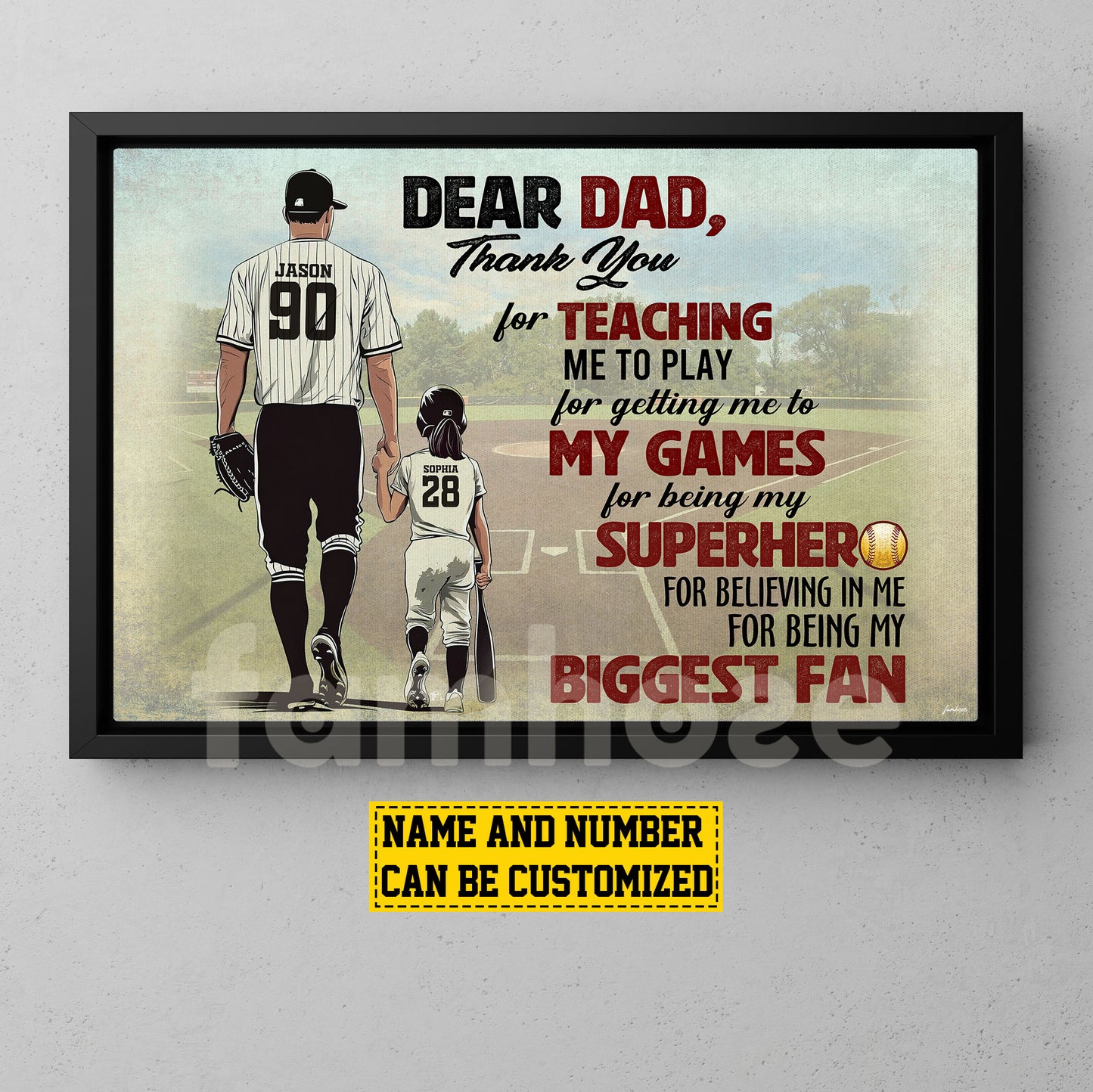 Motivational Personalized Softball Dad Daughter Canvas Painting, Dear Dad Thank You Wall Art Decor, Poster Father's Day Gift For Softball Lovers