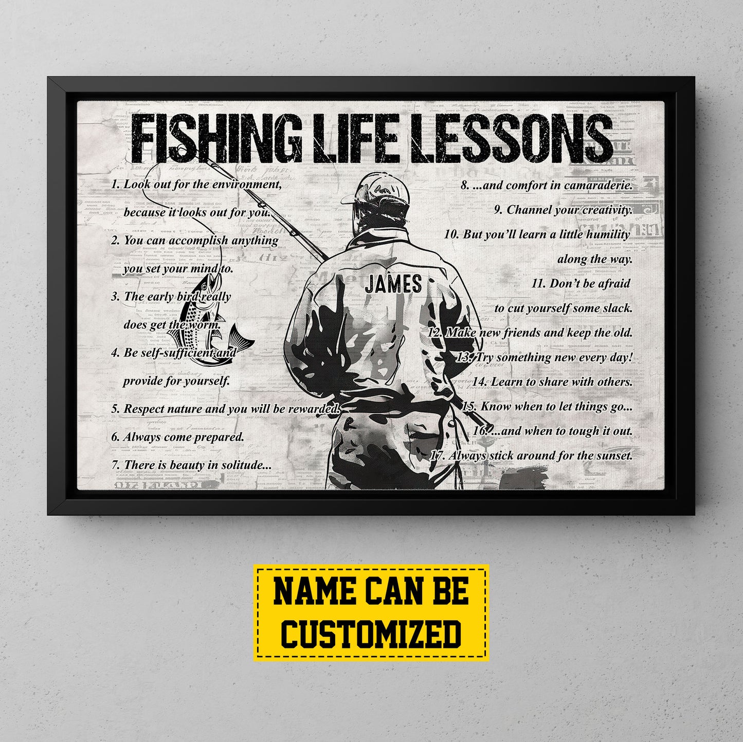 Fishing Life Lessons, Personalized Motivational Fishing Boy Canvas Painting, Sports Quotes Wall Art Decor, Poster Gift For Fishing Lovers