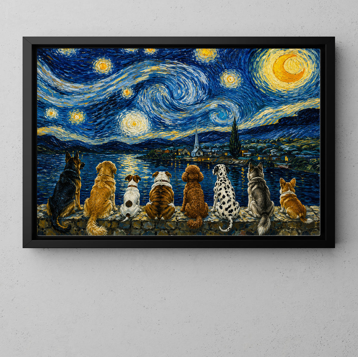 Impasto Oil Dog Canvas Painting, A Night Beneath the Stars Wall Art Decor, Poster Gift For Dog Lovers