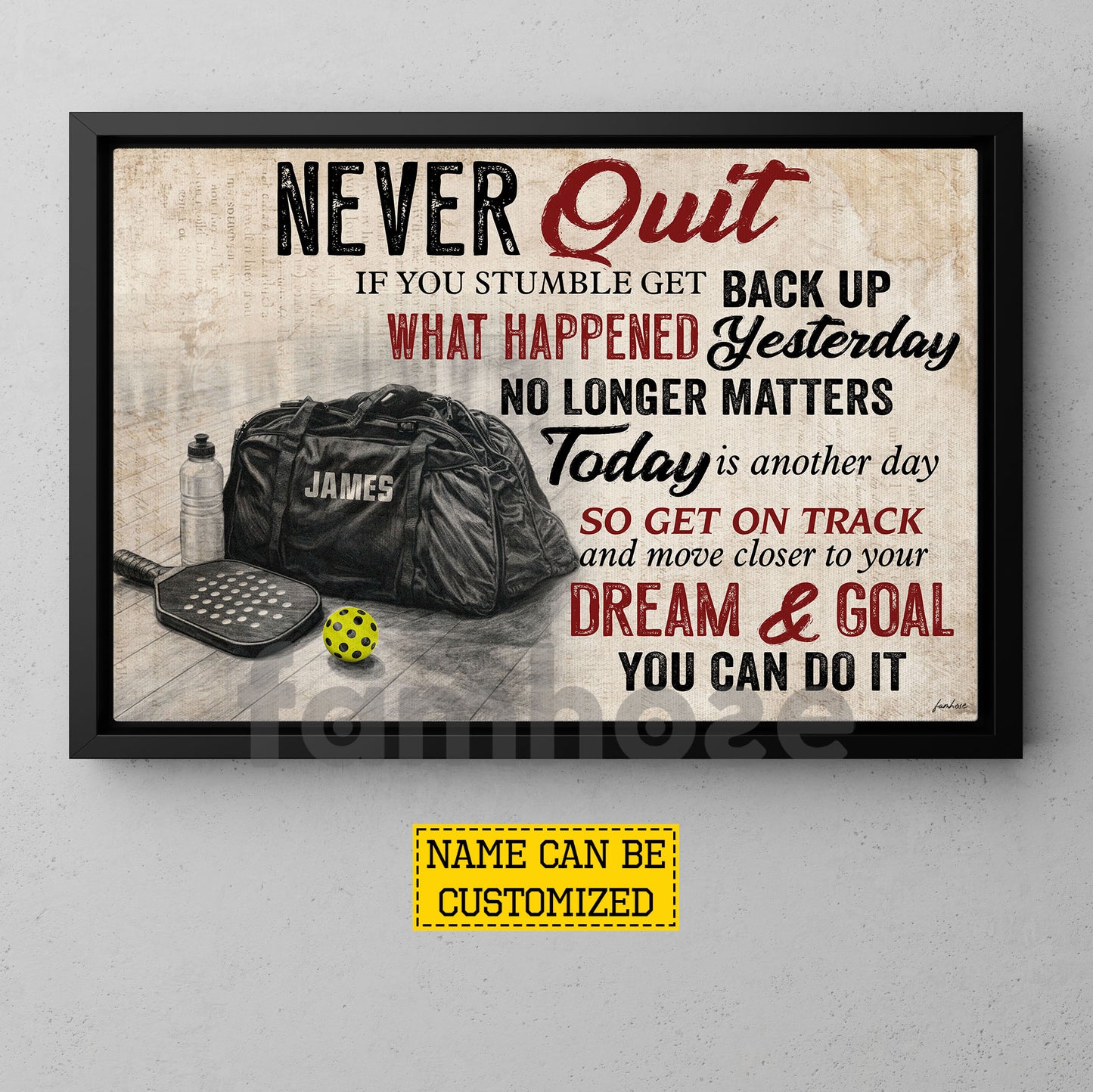 Motivational Personalized Pickleball Canvas Painting, Never Quit You Can Do It Sport Wall Art Decor, Poster Gift For Pickleball Lovers