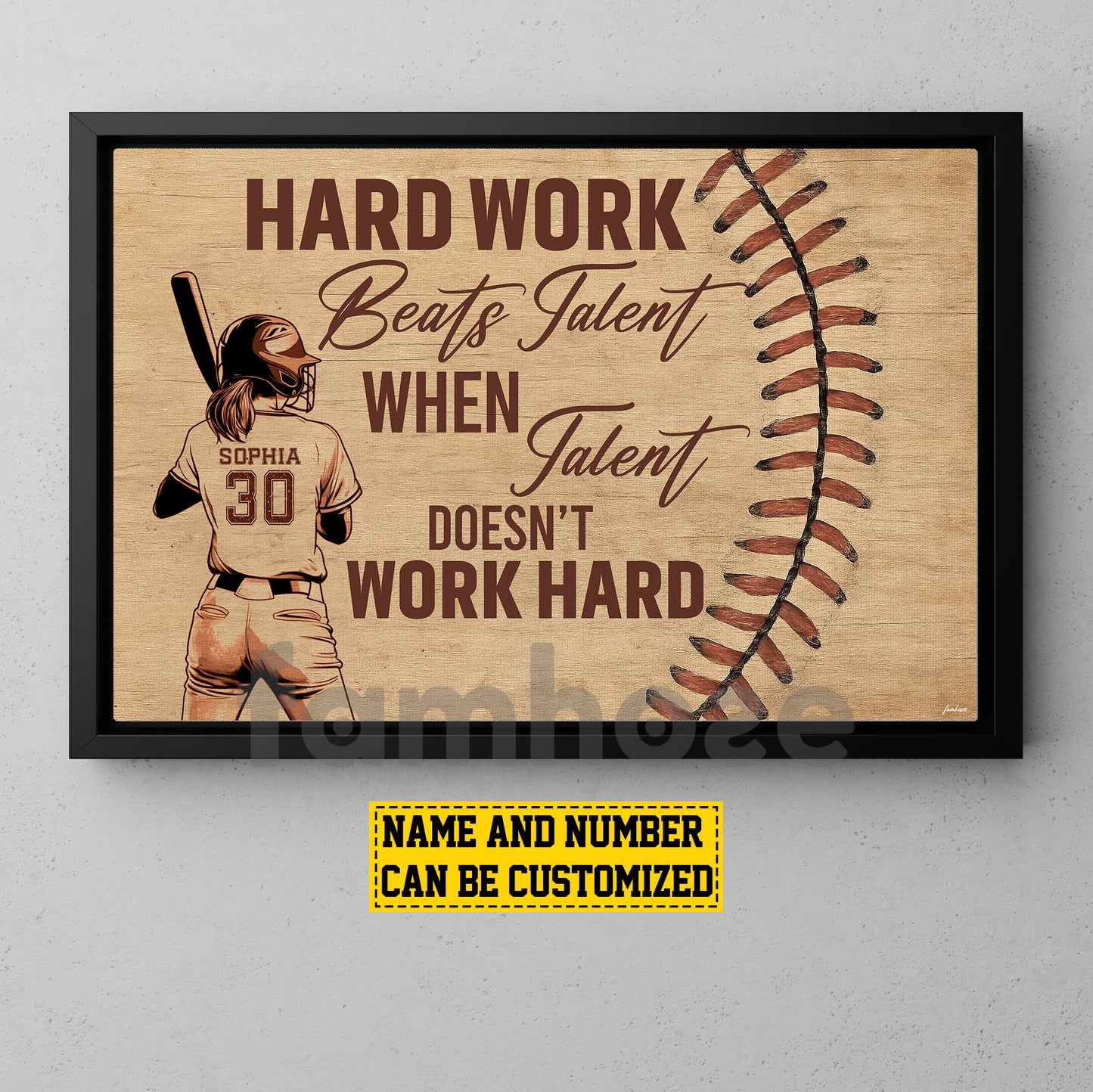 Motivational Personalized Softball Woman Canvas Painting, Hard Work Beats Talent Wall Art Decor, Poster Gift For Softball Lovers
