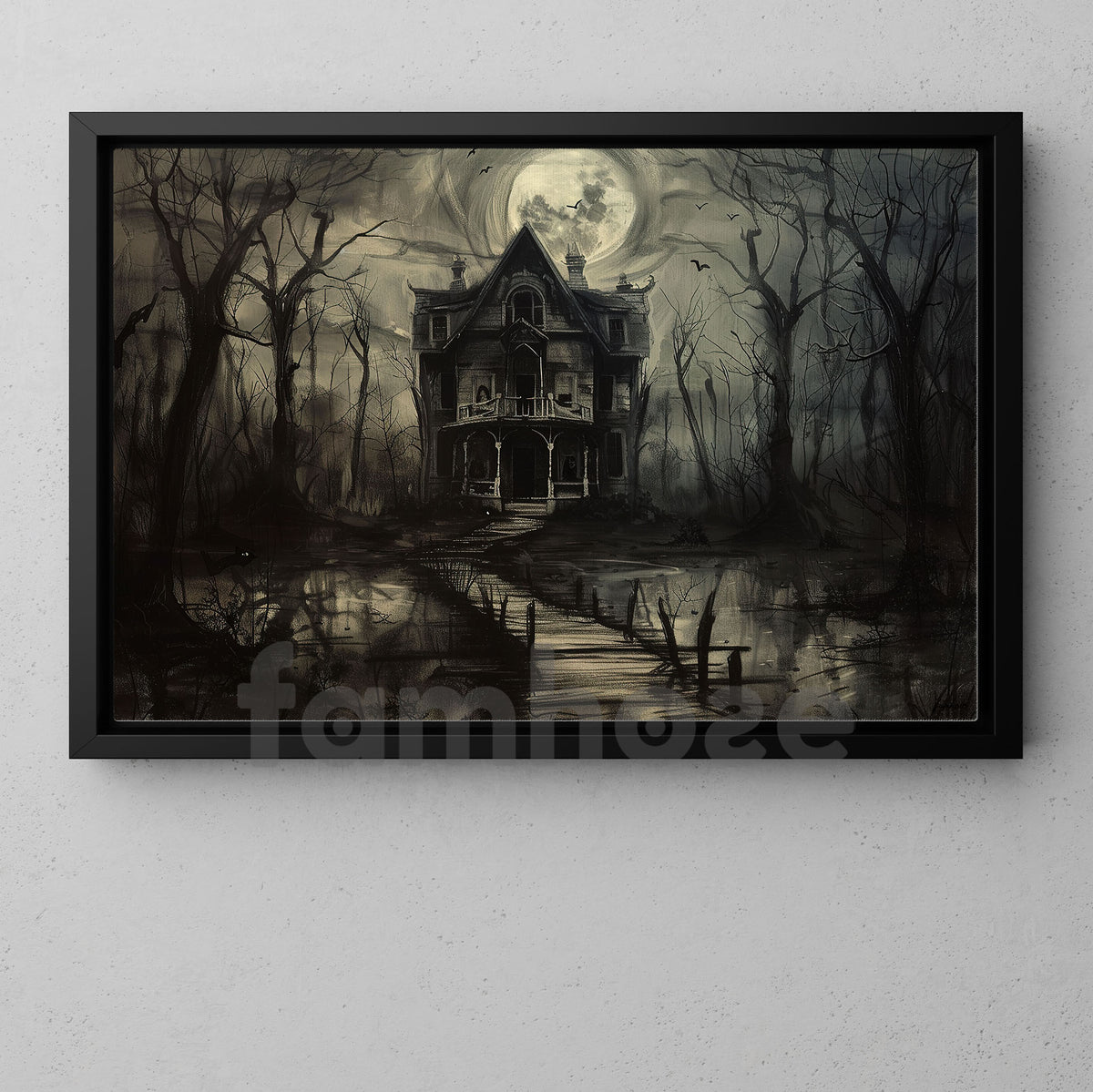 Moonlit Manor, Dark House Canvas Painting, Spooky Season Wall Art Decor, Halloween Poster Gift For House Lovers
