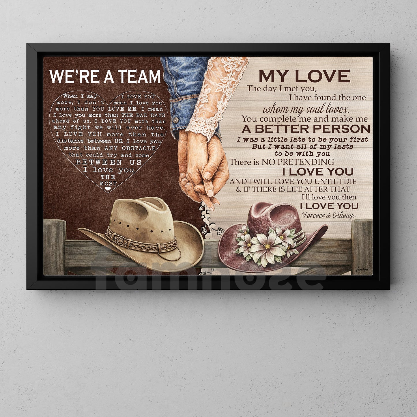 Cowboy Cowgirl Couple Canvas Painting, We're A Team Wall Art Decor, Valentine Poster Gift For Western Couple