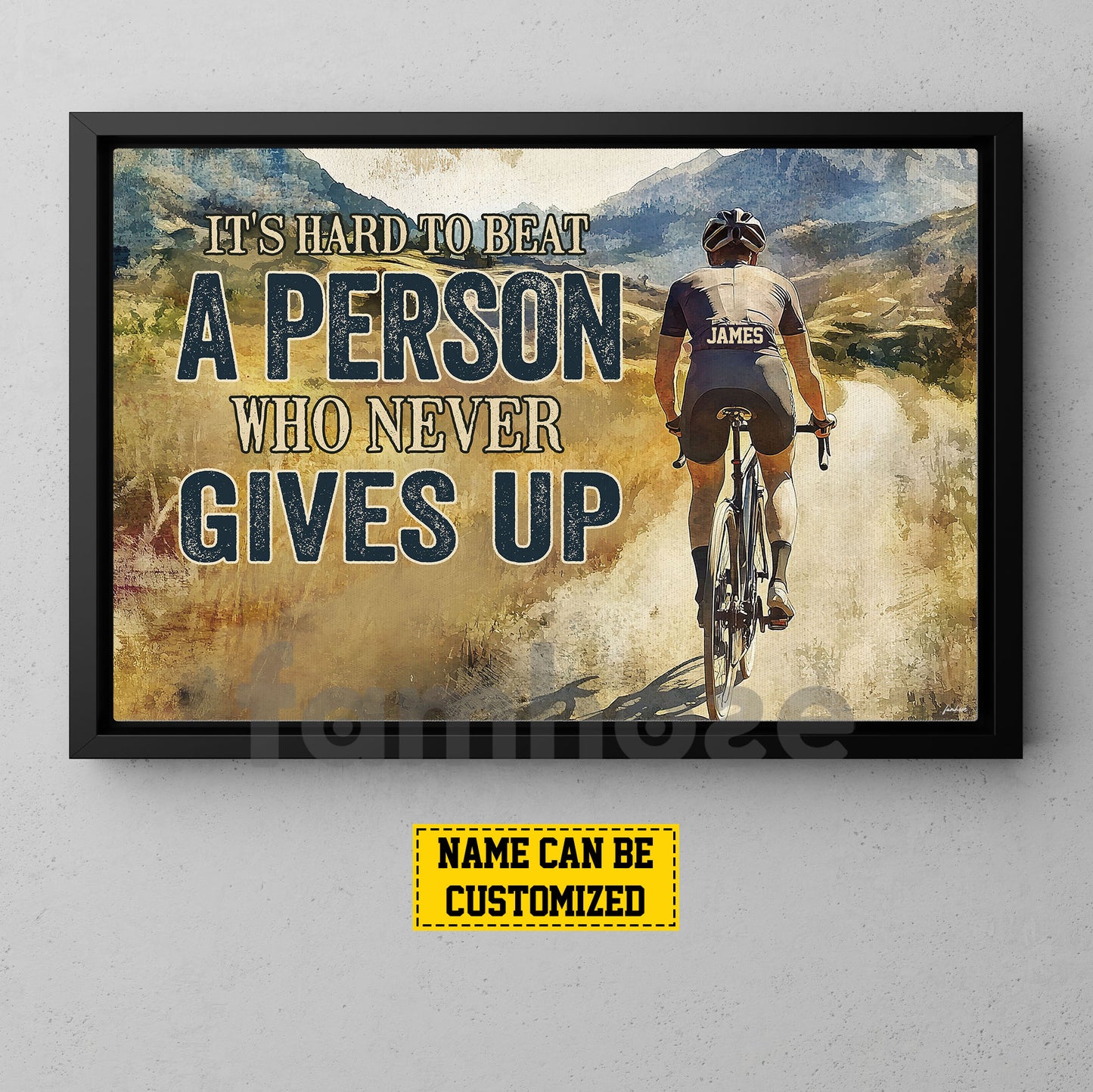 Motivational Personalized Cycling Man Canvas Painting, It's Hard To Beat A Person Who Never Gives Up Sport Wall Art Decor, Poster Gift For Cycling Lovers