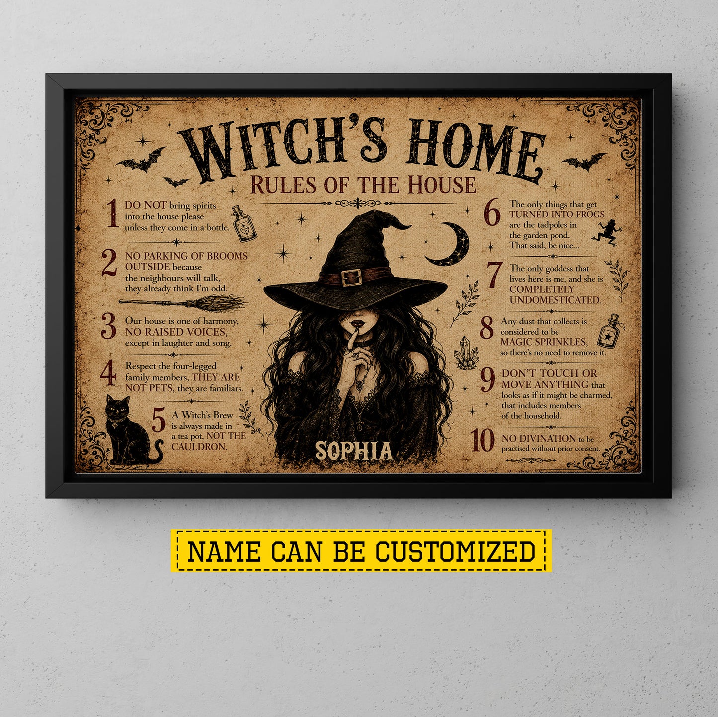 Personalized Halloween Witch Canvas Painting, Witch’s Home Rules Wall Art Decor, Spooky Season Poster Gift For Witch Lover