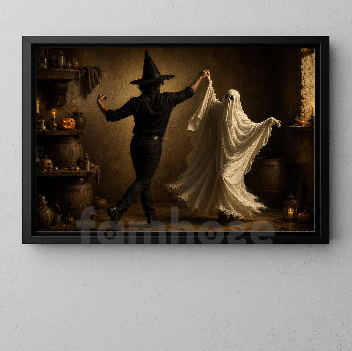 Halloween Witch & Ghost Canvas Painting, Witch And Ghost Are Dancing Spooky Season Wall Art Decor, Halloween Poster Gift