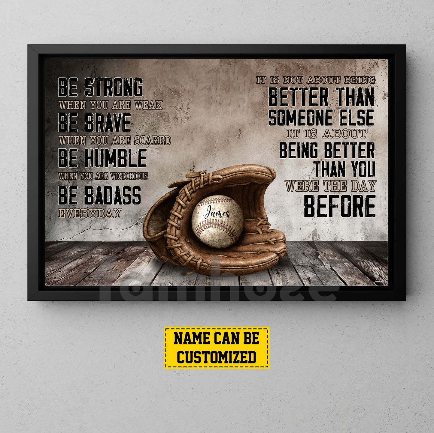 Motivational Personalized Baseball Canvas Painting, Be Strong Brave Humble And Badass Sport Wall Art Decor, Poster Gift For Baseball Lovers