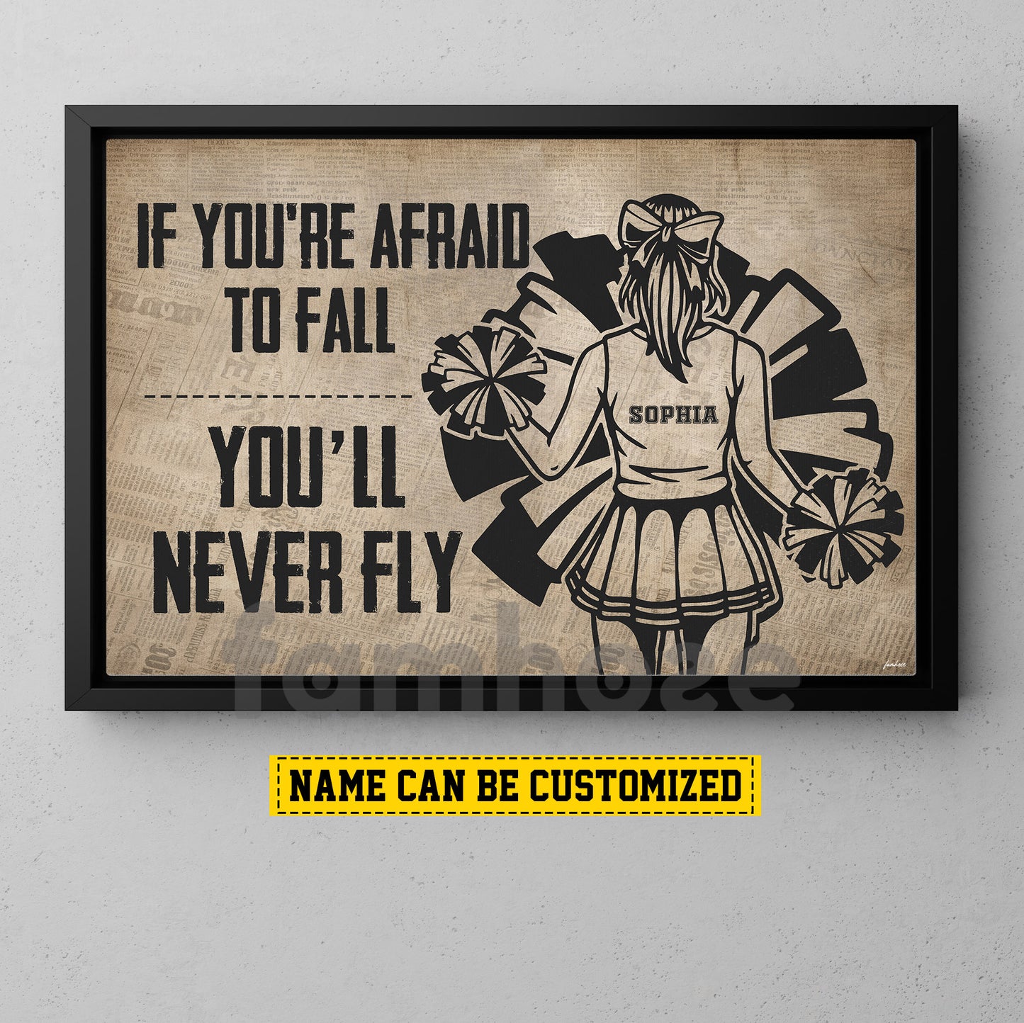 Motivational Personalized Cheerleading Girl Canvas Painting, If You're Afraid To Fall You'll Never Fly Wall Art Decor, Poster Gift For Cheerleading Lovers